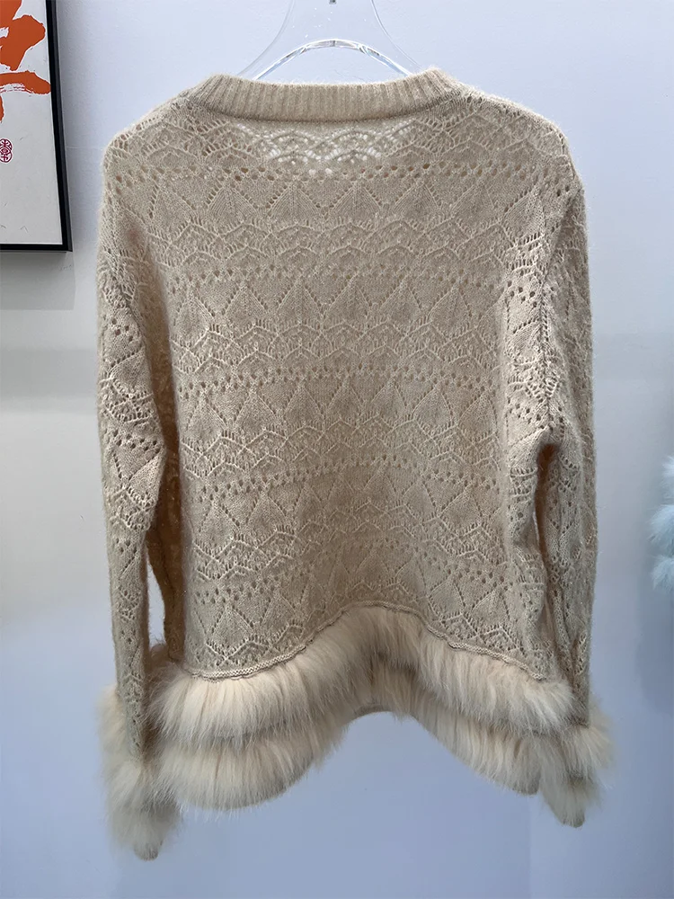 เสื้อโค้ทไหมพรมขนสุนัขจิ้งจอกแท้สำหรับผู้หญิง ฤดูใบไม้ร่วง ฤดูหนาว 2025 คอทรงโอ สไตล์สตรีท