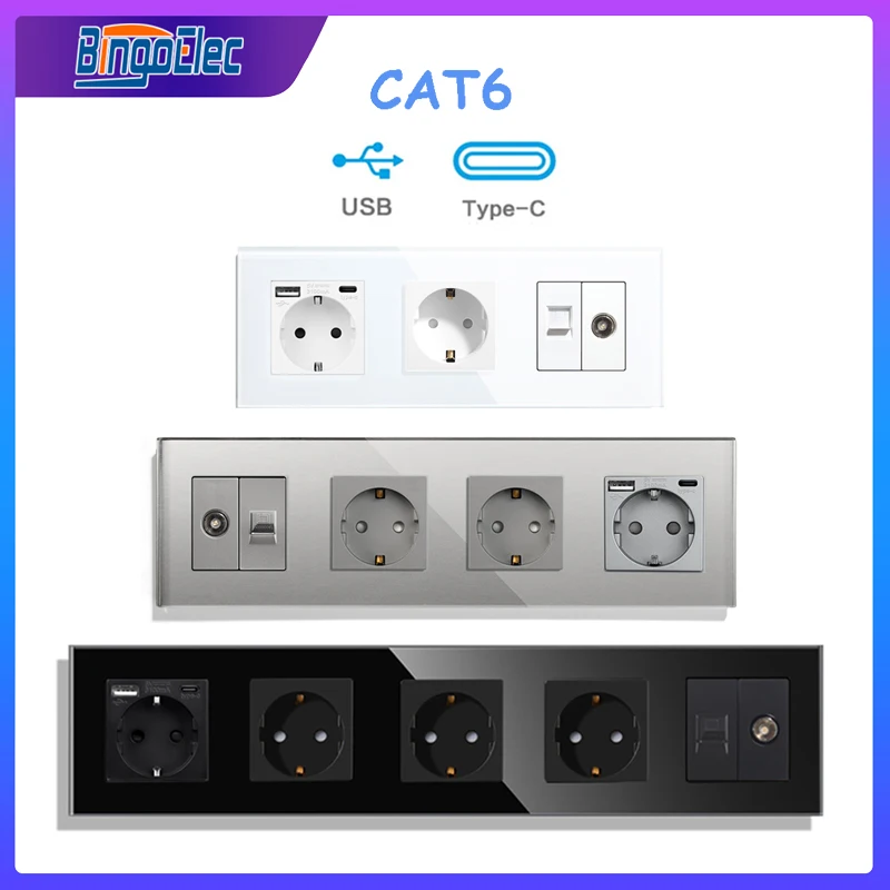 Outlet with TV CAT6 USB Socket EU Standard Wall Sockets with Type C Internet Rj45 Network Connector Glass Panel home improvement