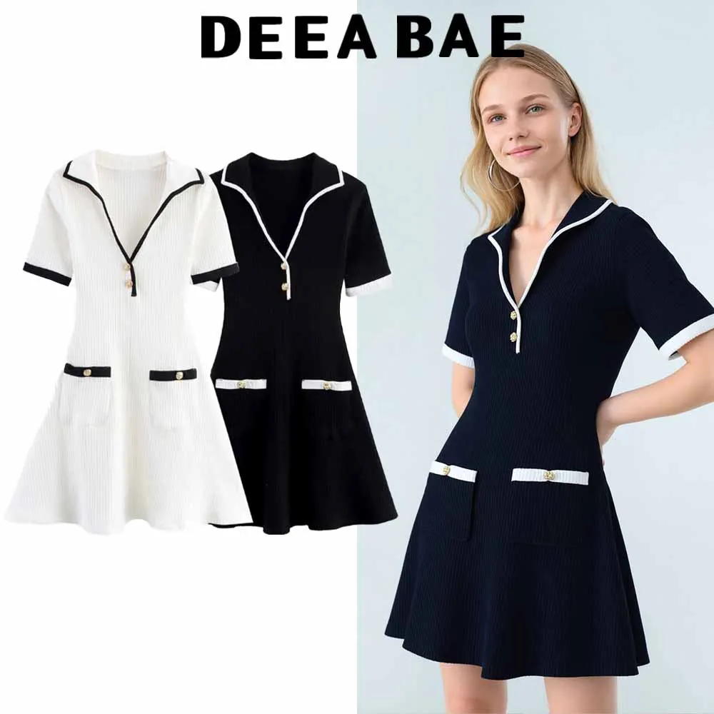 DEEABAE Autumn women's fashion temperament metal button ribbed contrasting color trim V-neck cinched waist dress