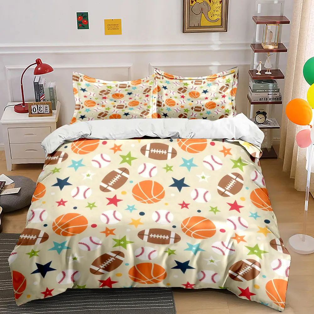 Cartoon Baseball Basketball Football Pattern 3PCS Bedding Set Soft Microfiber Bedding Set for Kids Sports Themed Bedroom
