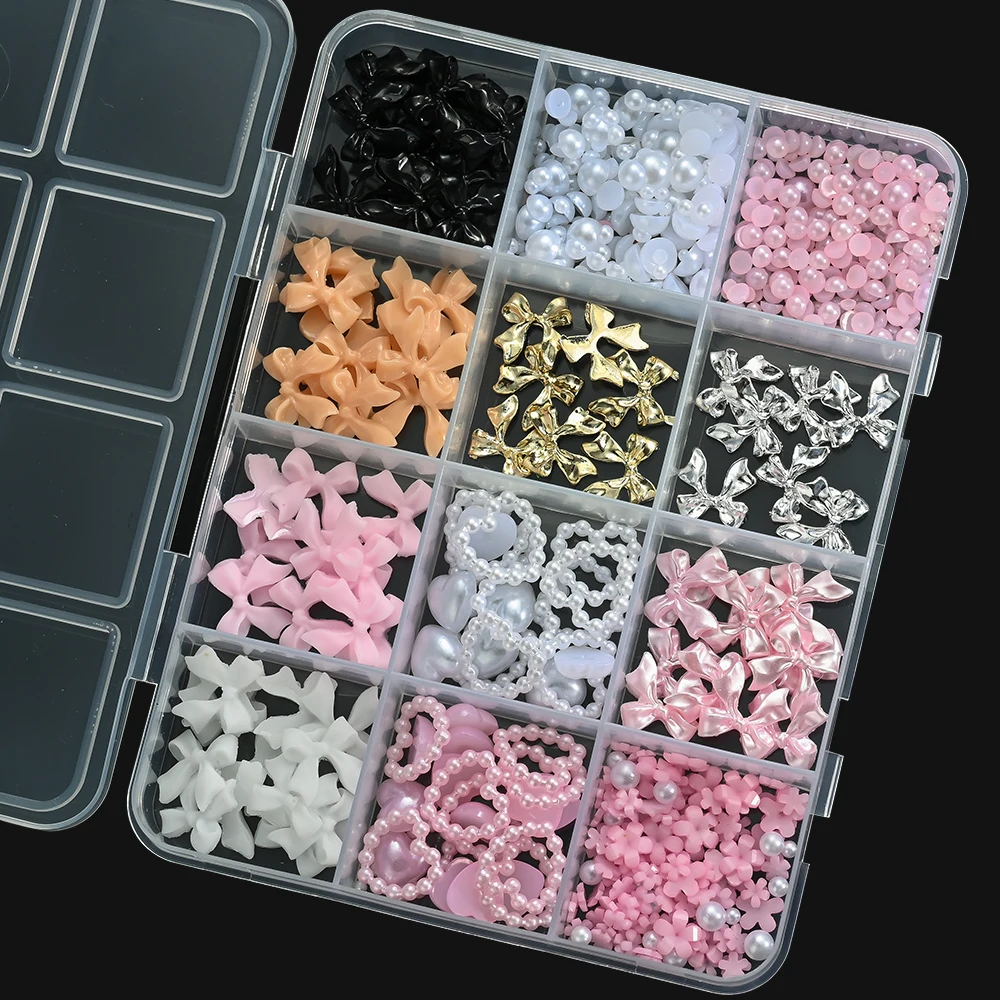 12Grids 3D Multi-Colors Ribbon Flower Nail Art Charms Simulated Perals Love,Metal Bowknot Nail Decoration DIY Manicure Accessory image 6