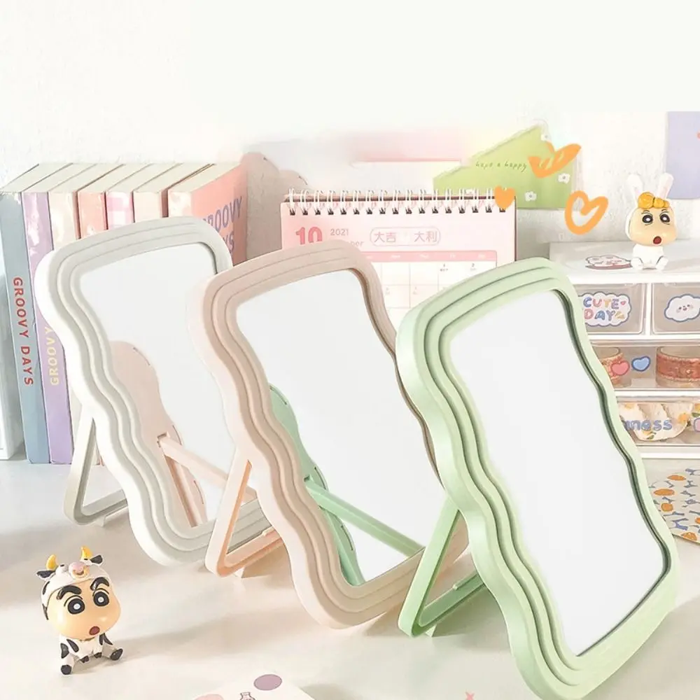 Portable Cute Water Ripple Makeup Mirrors Irregular Wave Frame Vanity Mirror Macaron Hd Mirror Desktop Mirror Woman