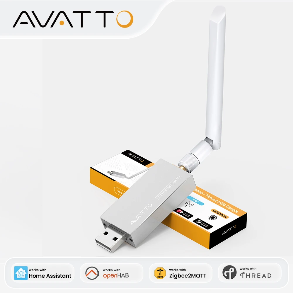 AVATTO ZigBee/Thread USB Silver Dongle Plus EFR32MG24 Powerful Chip High-Gain Antenna,Support Home Assistant,Zigbee2MQTT,OpenHAB