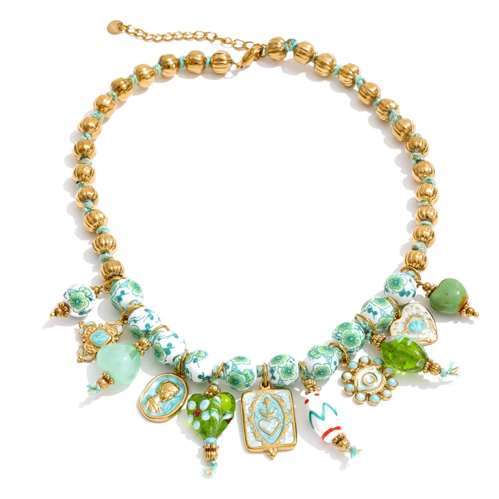 Women's Handmade Beads Chain Ceramic Heart Eye Drop Necklace Bracelet Set