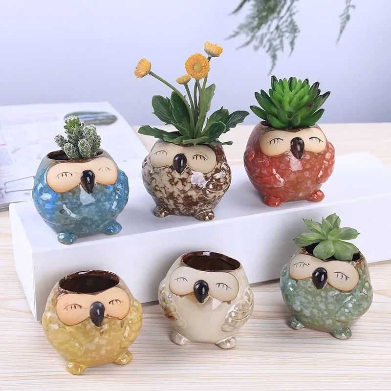 Mini Ceramic Owl Succulent Planter Cute Cartoon Cactus Bonsai Flower Pot Desktop Decor Wedding Birthday Home Garden Gift