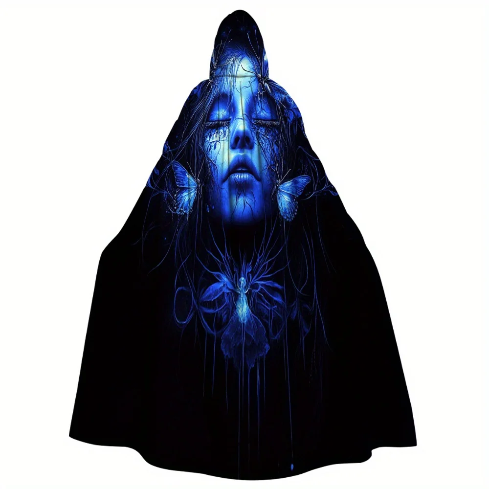 1pc Blue Enchantress Witch'S Robe with Raven Feathers Vintage Style, Polyester Hand Wash Only, Ideal for Fantasy Gatherings
