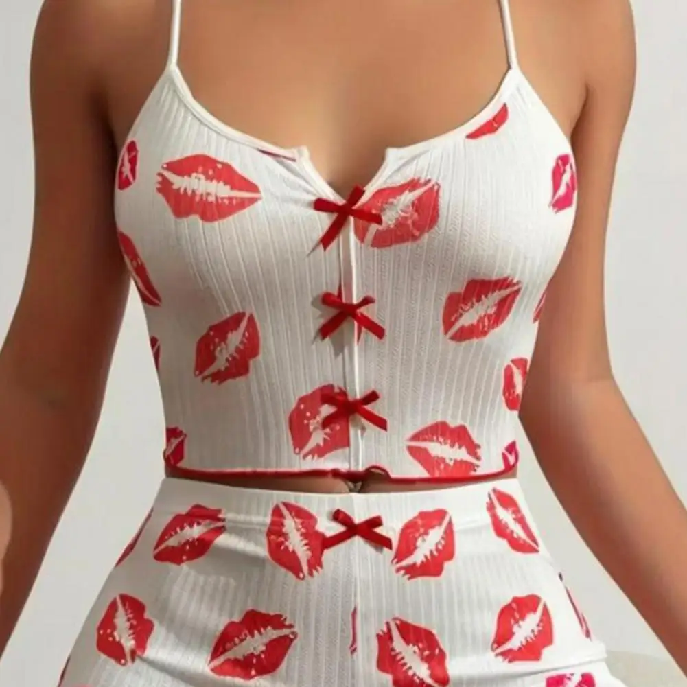 2 Pcs/Set Women Pajamas Suit Butterfly Heart Printing Sleeveless Backless Cop Top High Waist Mini Shorts Daily Nightie Sleepwear