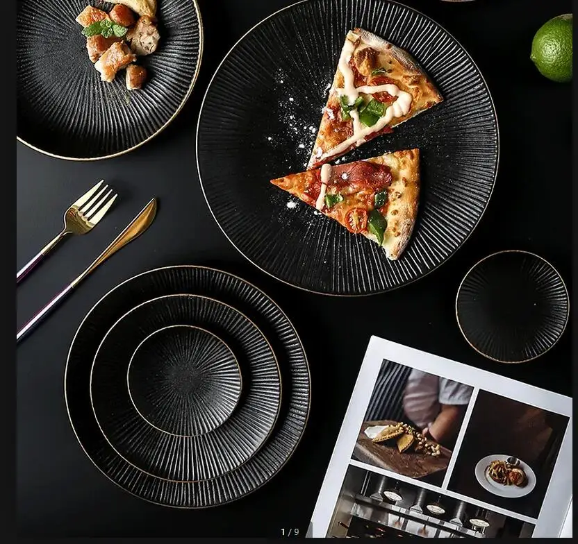 

Western Food Plate Steak Tray Set Home Ceramic Dinner Black Cutlery Kitchenware Restaurant Decorative Bowl European Style