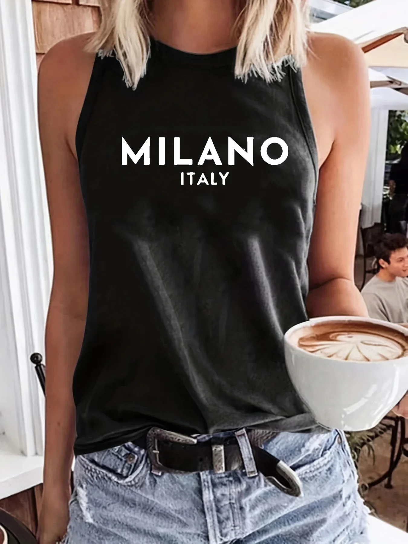 

Pop Women's Summer Casual Loose Size MILANO ITALY Letter Printed Round Neck Sleeveless Vest T-shirt Printed Vest Women's Fashion