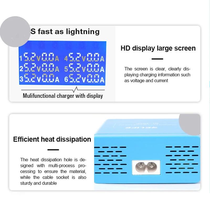 RELIFE RL-304P Smart 6-port USB Digital Display Charger for Mobile Phone And Tablet Charging Support for PD3.0+QC3.0