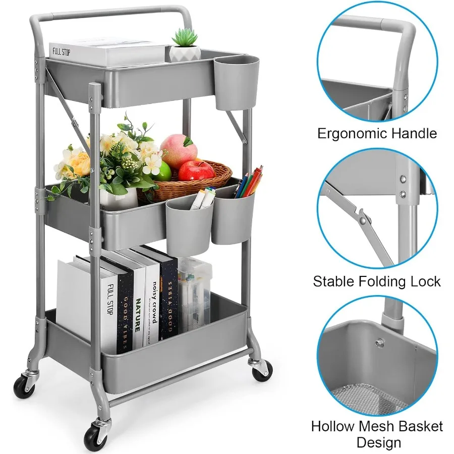عربة دوارة معدنية قابلة للطي مكونة من 3 طبقات مع وحدة تخزين متعددة الوظائف وتصميم متنقل للمكتب المنزلي والمكتب والمطبخ والسرير