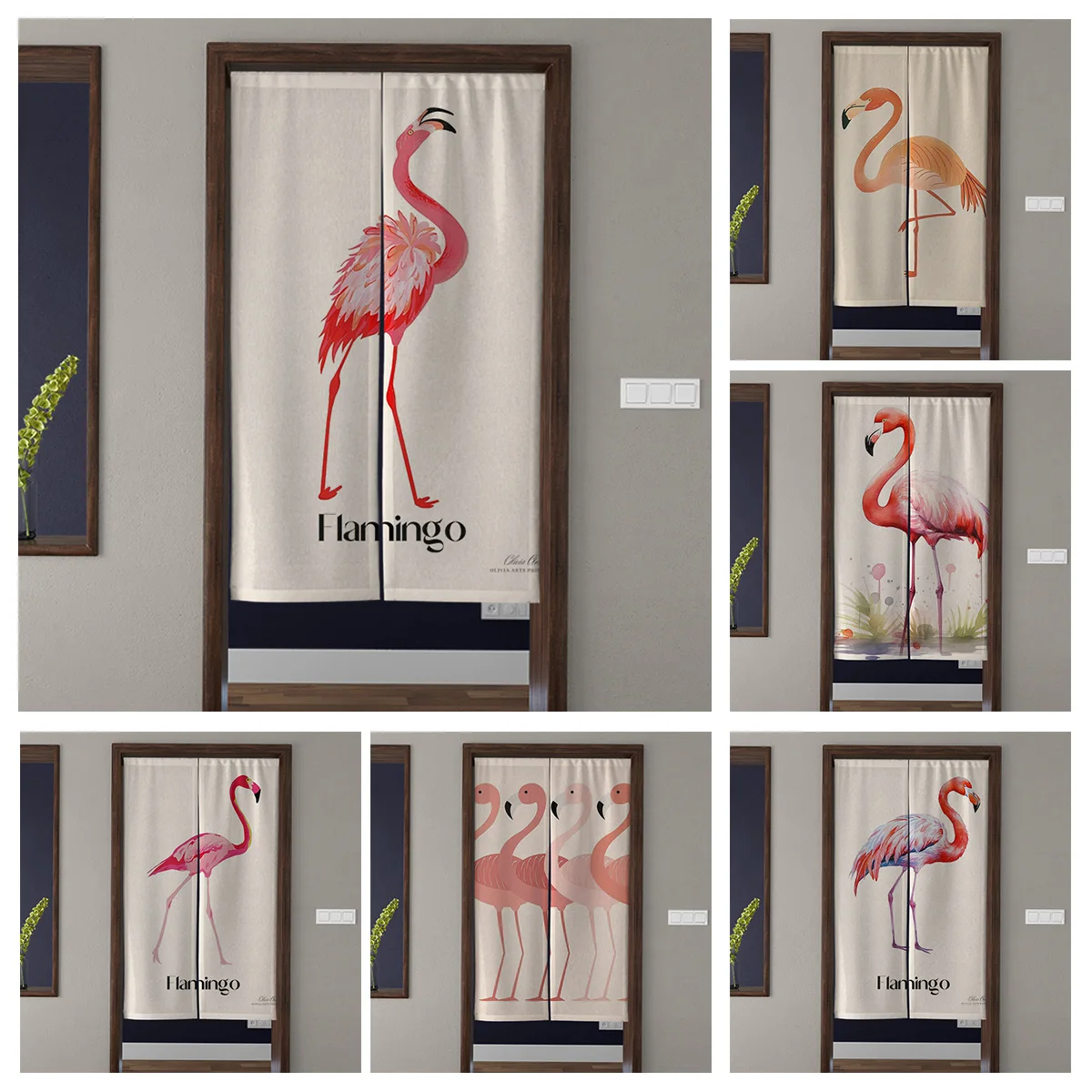 Door Curtain Noren Room Partition Privacy Protection Pendant Japanese Kitchen Decoration Household Multi Size animals flamingos