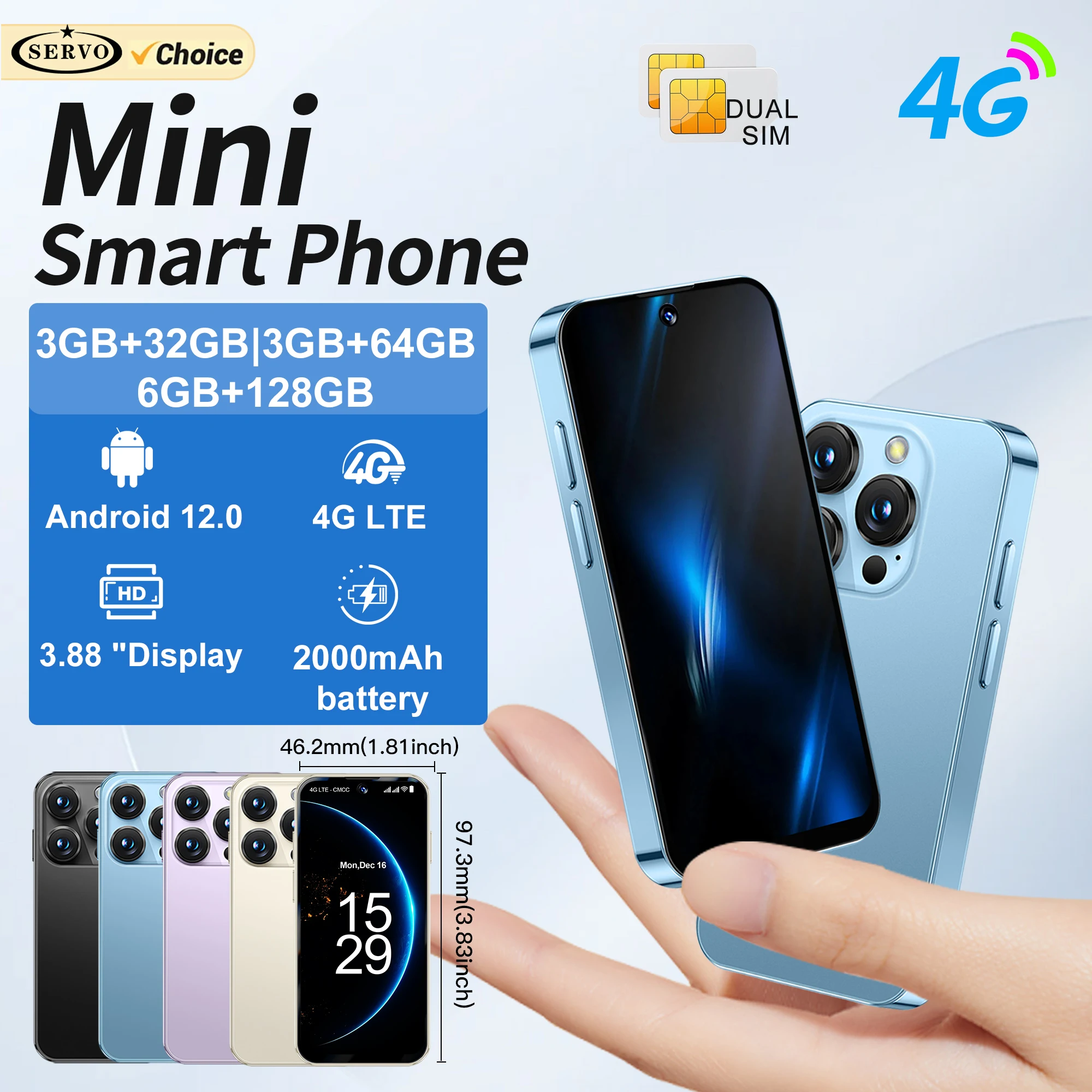 SERVO 19Pro Mini Smartphone 4G Network Dual SIM Standby Android System WiFi Hotspot Play Store 3.88