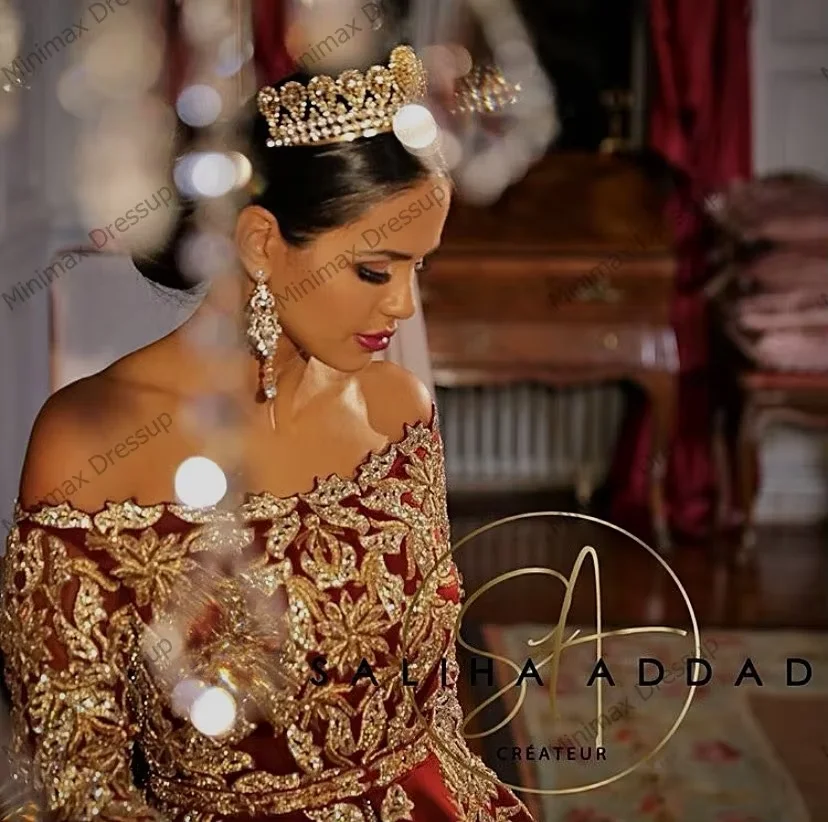 Customized Burgundy Long Sleeve Arabic Wedding Dresses  Muslim Dubai Off Shoulder Luxury Gold Lace Applique Kaftan Wedding Gown