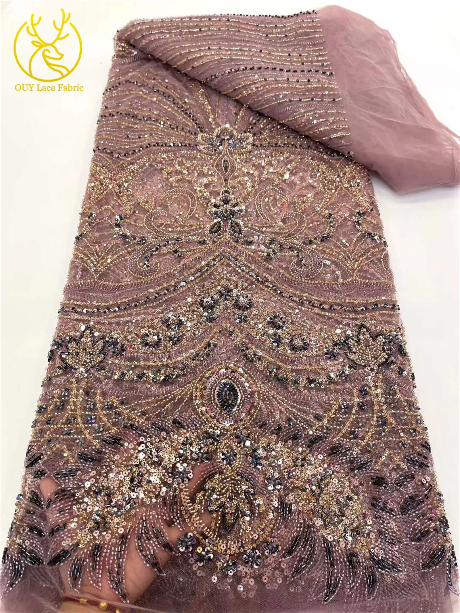 African Heavy Groom Beaded Lace Fabric 2025 High Quality French Nigerian Sequin Lace Fabric for Bridal Party Dress Sewing 5Yards