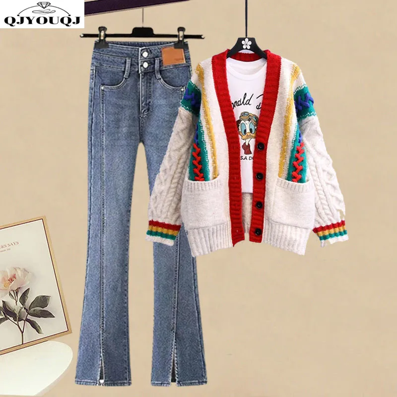 Large Autumn/Winter Women's Set 2024 New Retro Knitted Cardigan Sweater Slimming Jeans Two Piece Set Trendy