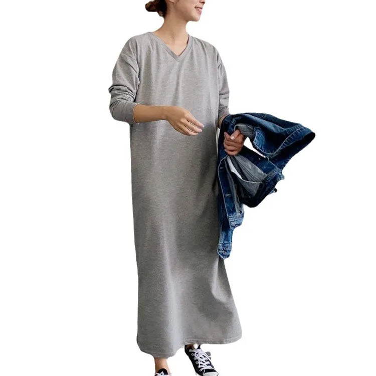 اليابان Rakuten الخريف الشتاء جديد المرأة فستان بفتحة عنق على شكل v فضفاض عادية مريحة الجانب جيب القطن فستان طويل رداء Vestido النساء