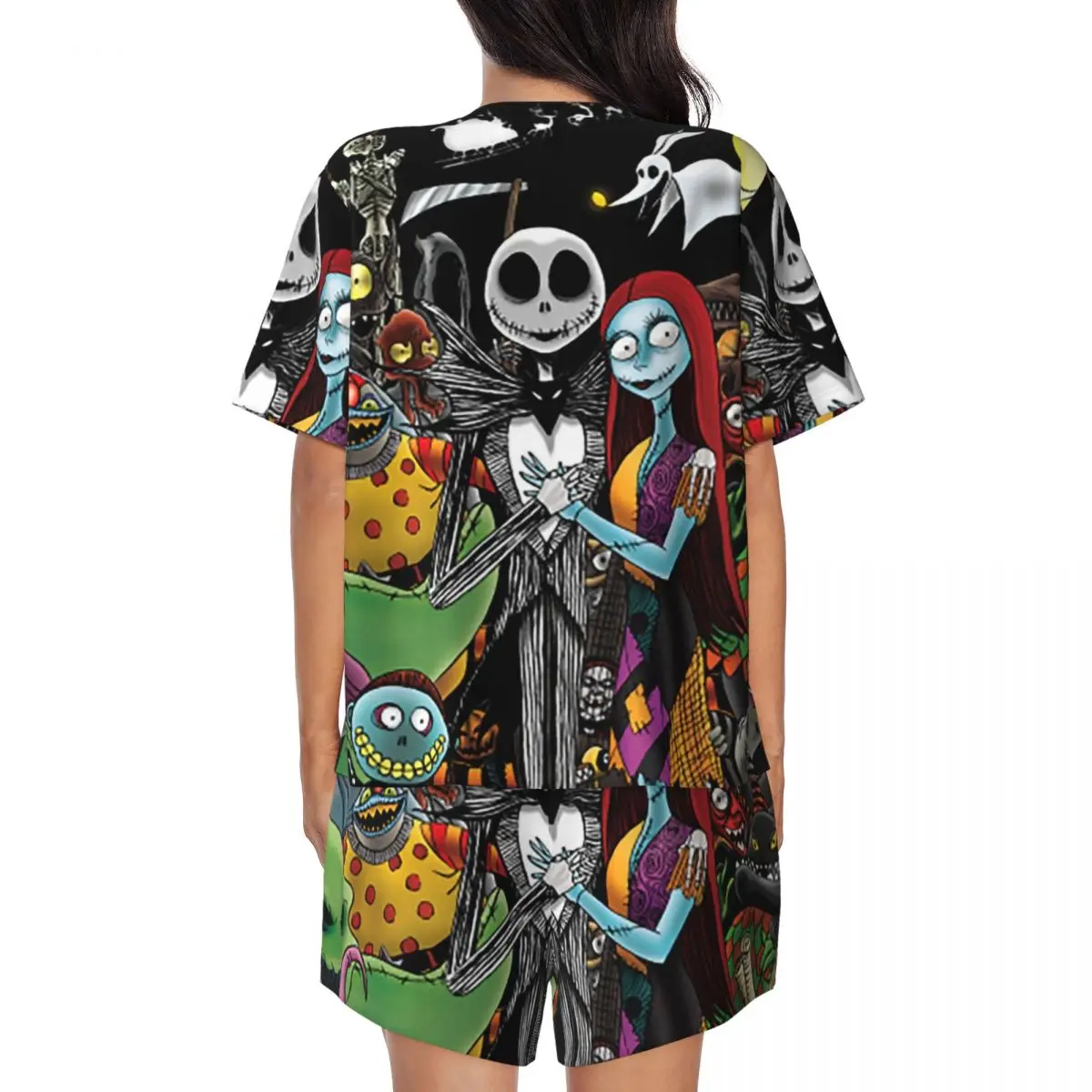 Women's Horror Movie Tim Burton Christmas Pajamas Set Custom Print Short Sleeve Halloween Skull Jack Sleepwear 2 Piece Sets