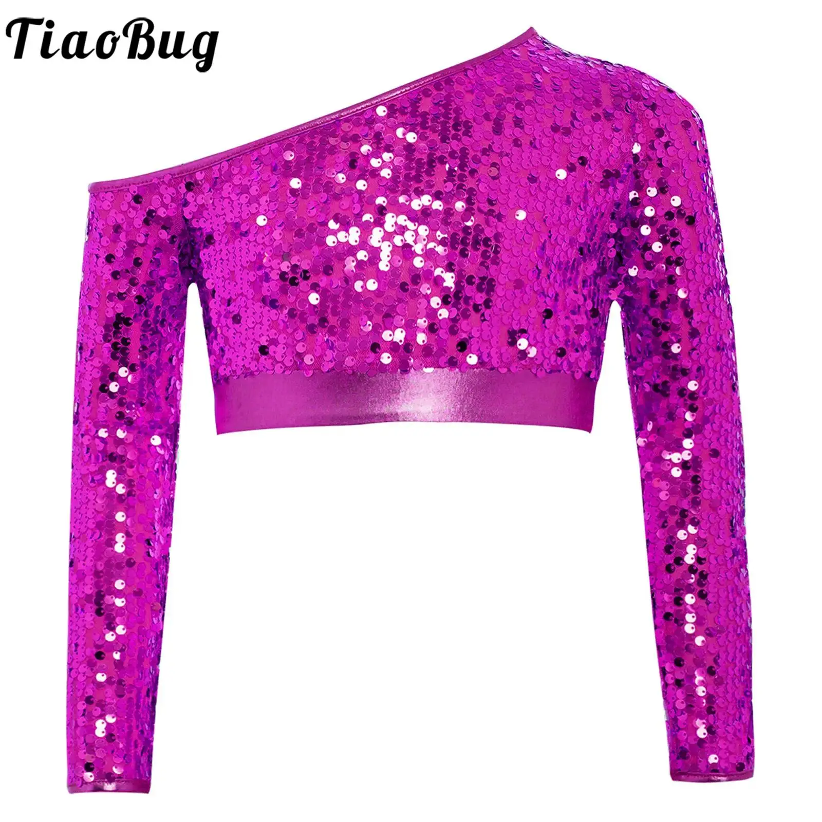 

Kids Girls Jazz Dance Performance Costume Modern Street Dancewear One Shoulder Long Sleeve Sequins Crop Shirt Competition Tops