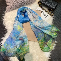 Fashion Blue Silk Scarf Shawl Printed Luxury Women 100% Pure Silk Long Scarves Elegant Floral Silk Neck Scarf Cape 180*110cm