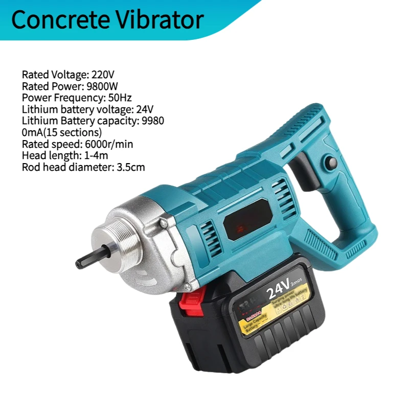 

9800W Cordless Concrete Vibrator Handheld Lithium Battery 24V Portable Cement Mixer Stirring Tool 6000r/min