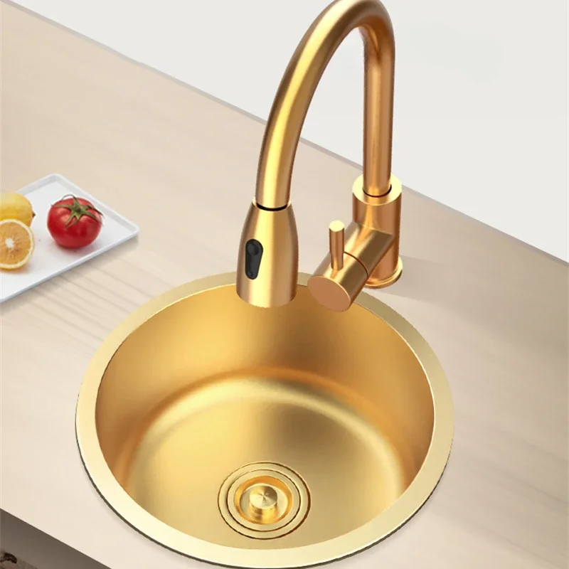 

304 Stainless Steel Nano Sink For Kitchen Furniture Wash Vegetable Sinks Round Golden Handmade Mini Bar Small Single Slot Sink