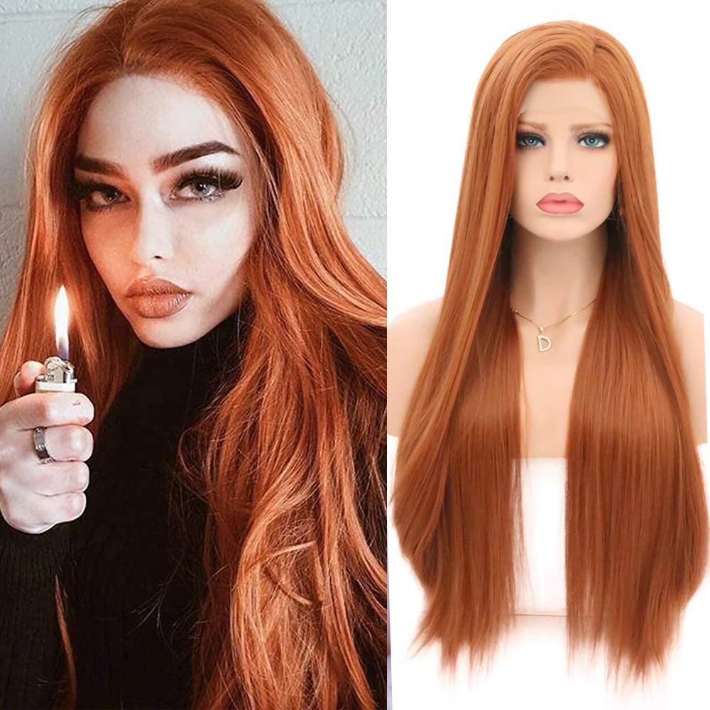 Ginger Wig Synthetic Lace Wig Long Straight Wig Ready To Wear Auburn Red Lace Frontal Wigs For Women Orange Straight Wig Cosplay