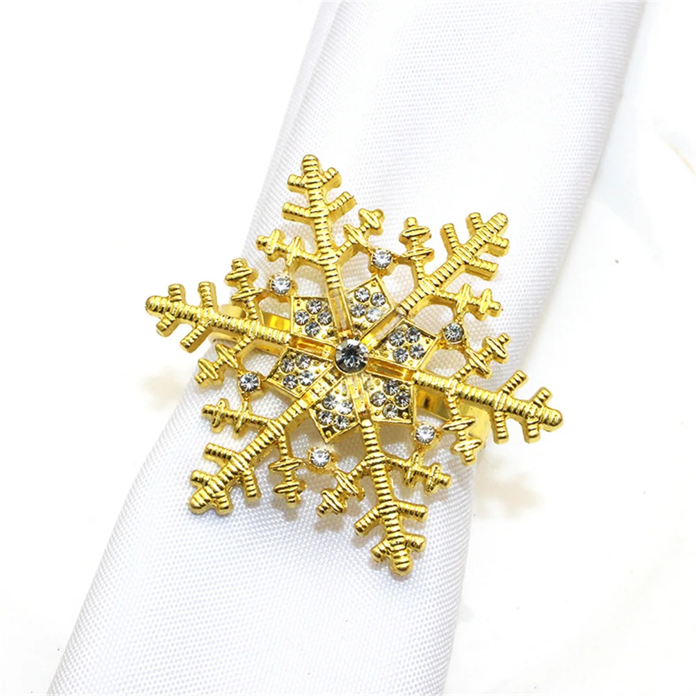 6Pcs Gold Christmas Napkin Rings Set Xmas Tree Crystal Snowflake Elk Napkin Holder for Christmas Wedding Party Dinner Table Deco