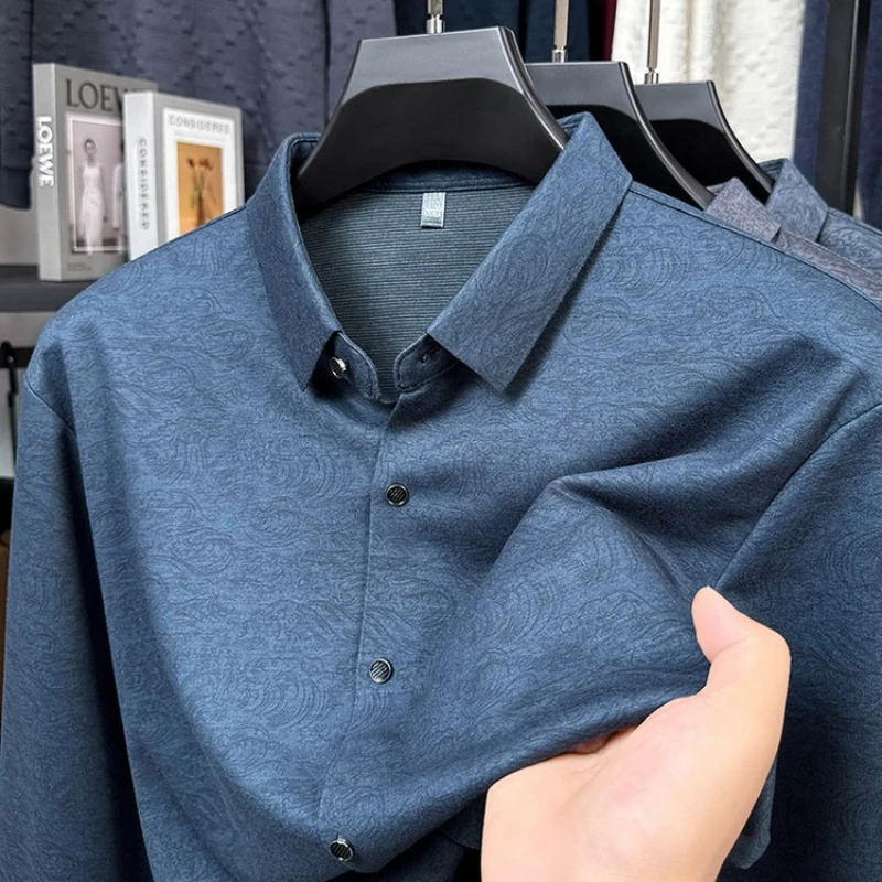 

Мужская эластичная рубашка с длинным рукавом с тонким узором, деловая повседневная рубашка с текстурированными деталями ​ Смесь шерсти полиэстера Soft Touch