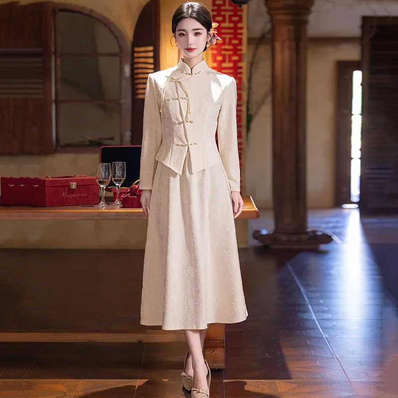 Women Bride Wedding Qipao Jacquard Cheongsam 2Pcs Shirt&skirt Cheongsam Mandarin Collar Elegant Vintage Button Vestidos