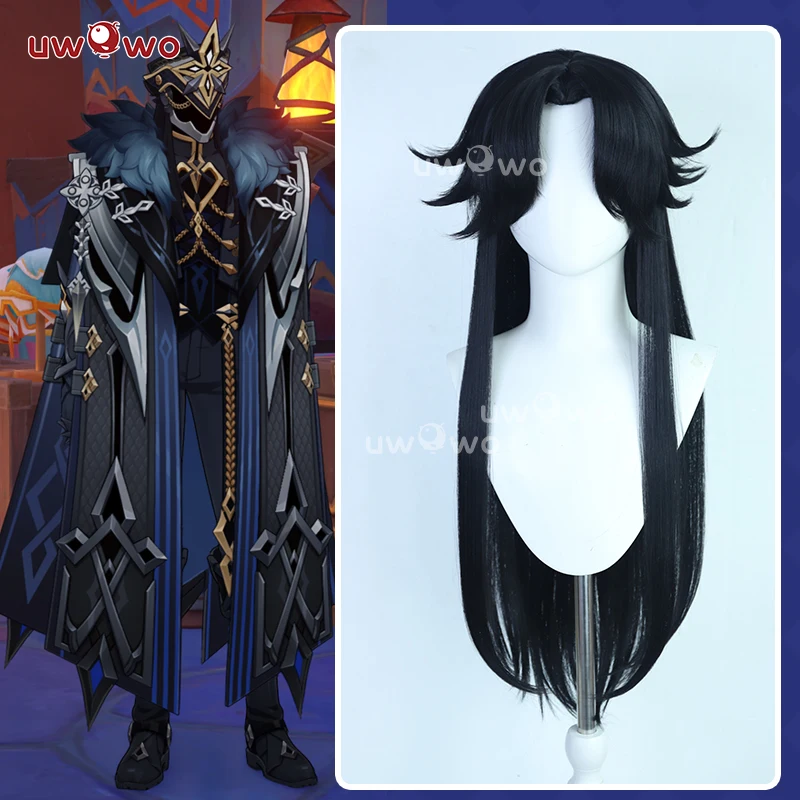 

UWOWO Capitano Wig Game Genshin Impact Capitano Fatui Harbingers Il Capitan Cosplay Wig Black Hair Long Hair Halloween Wig