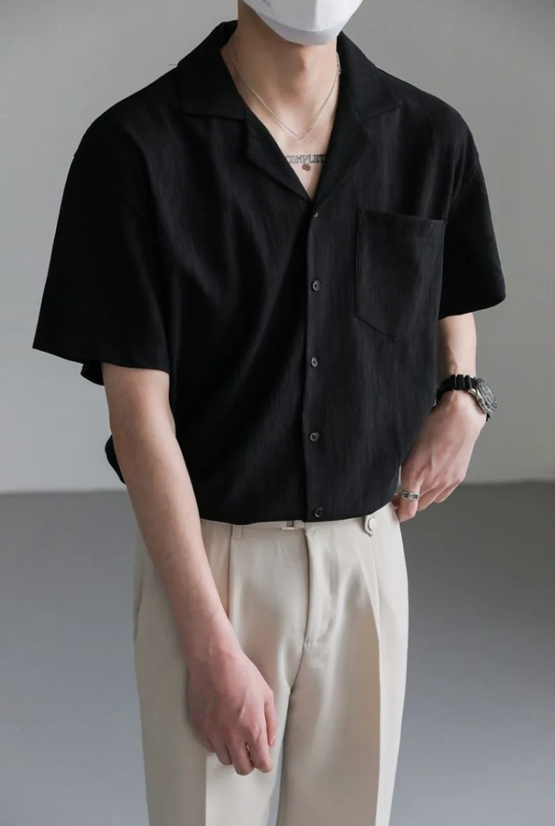 

Edgy Handsome Men's Cuban Collar Short Sleeve Shirt Set Loose Casual Textured Premium Ins Trendy Outfit