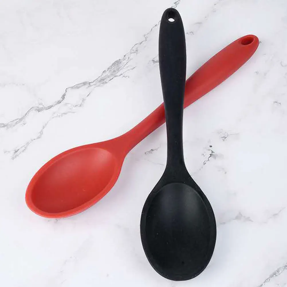 

2pcs Silicone Spoon Kitchen Utensils Long Handle Ergonomic Soup Ladles Porridge Rice Spoons Easy Clean for Dining Table