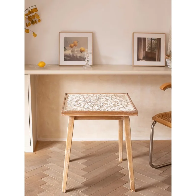 Nordic solid wood square table Japanese-style small apartment tempered glass dining table B & B carved sunshine flower room nego