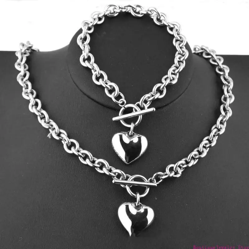 E1PE Fashion Stainless Steel Chain Heart Shaped Toggle Bracelet Pendant Necklace Jewelry Decoration Gift for Friends Sisters
