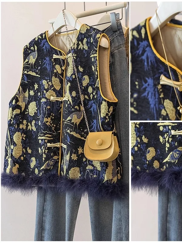 

plus Size Women's Autumn Winter Cotton Jacket with Feathers And Embroidered Button Vintage Style Warm Vest