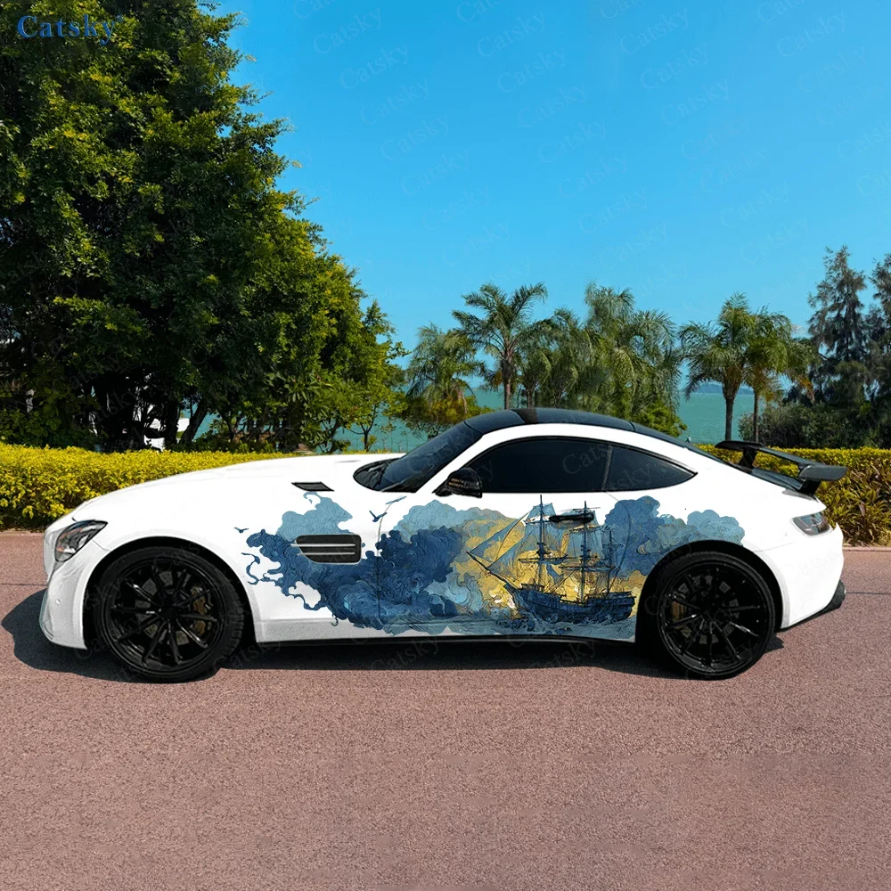 Smoke Pirate Ship Night Car Vinyl Wraps Decal Self-adhesive PVC Sticker Suitable for Trucks SUV Decoration Auto Accessories Gift