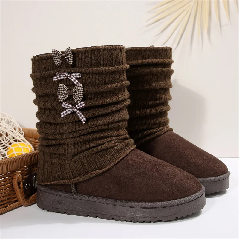 

Fashion Bow Suede Snow Boots Woman Design Wrinkled Stacked Lady Ankle Boots Comfort Plush Warm Women's Winter Boots botas mujer