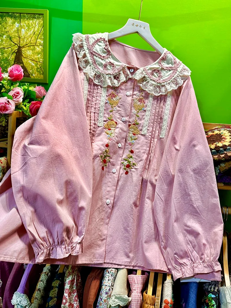 Autumn Cotton Sweet Kawaii Cute Pleated Lace Shirt Women Korean Vintage Mori Girl Lolita Casual Goblincore Cottagecore Blouse