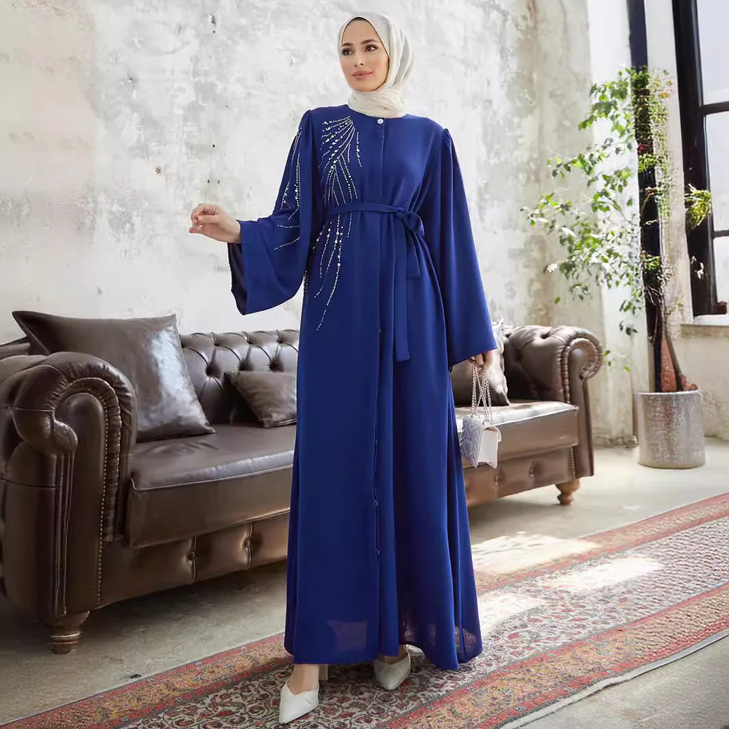 

Elegant Diamonds Abayas for Women Dubai Luxury Belted Maxi Dress Eid Ramadan Caftan Marocain Femme Kebaya Robe Muslim Vestidos