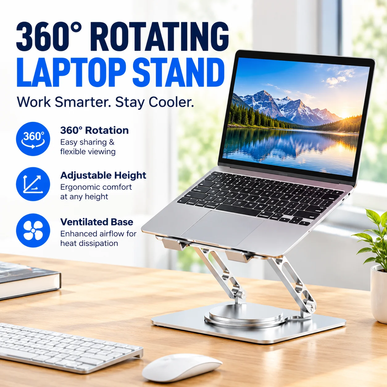 360 Degree Rotating Ergonomic Laptop Stand with Adjustable Height and Ventilated Base for Heat Dissipation Desktop Riser