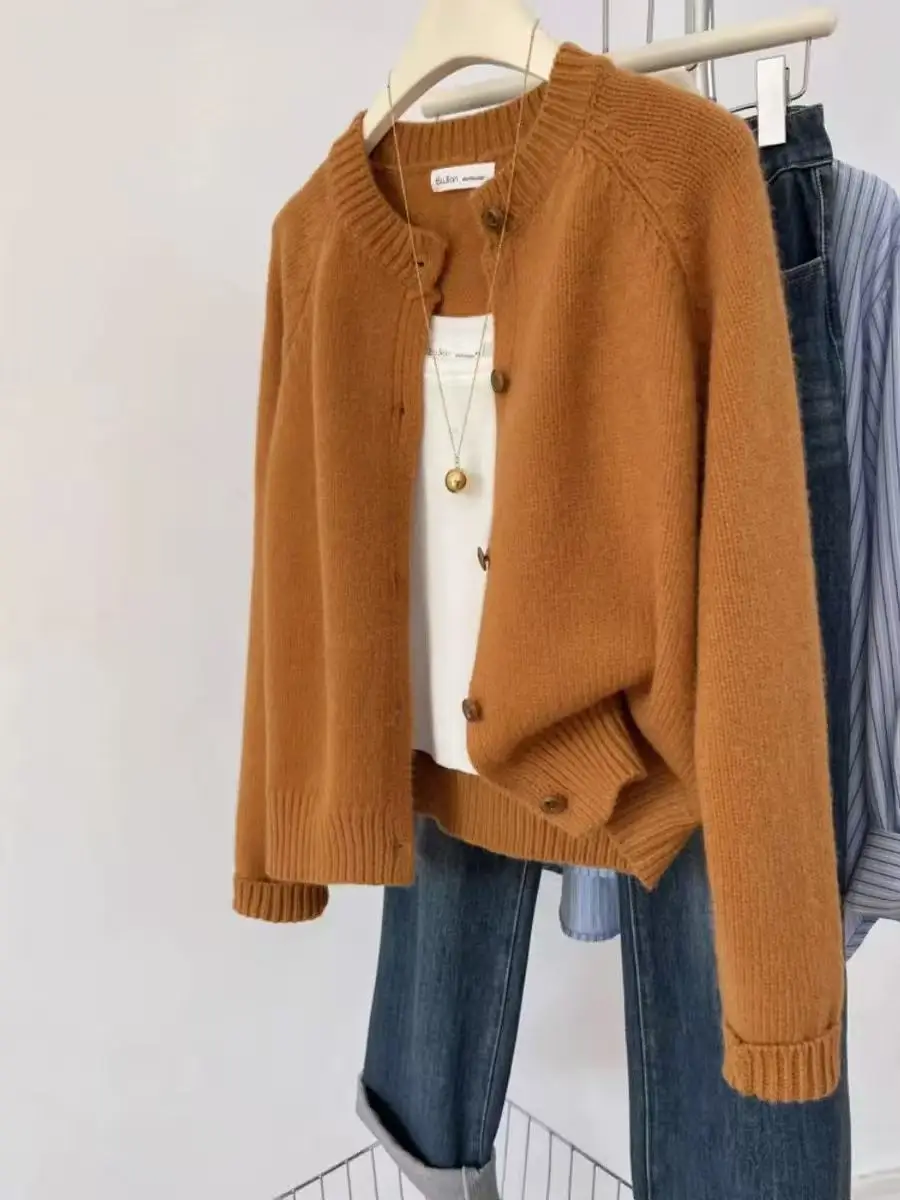 

Вязаный женский кардиган из 100% чистой шерсти, свитер с круглым вырезом, повседневный универсальный осенне-зимний свитер с длинными рукавами, хит продаж