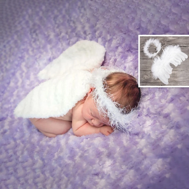 2 pçs/set bebê branco asa anjo bandana para fotografia recém-nascido adereços anjo asa penas faixa cabelo cocar roupas