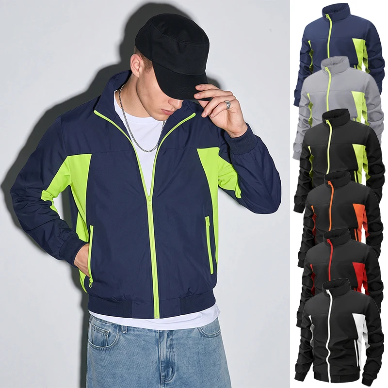 Men's Y2K Trendy Colorblock Patchwork Jacket with Zipper Pockets Spring Fall Sporty Stand Collar Zip Up Coat Outwear Outfit Tops