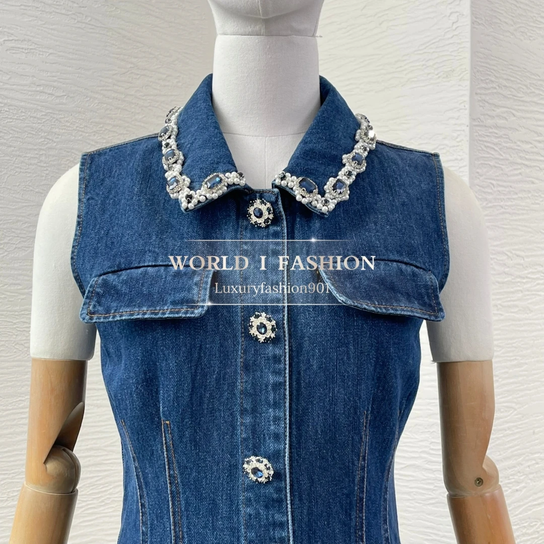 2025 New Beautiful Blue Jeans Denim Sleeveless Diamonds Pleat Hem Mini Dress