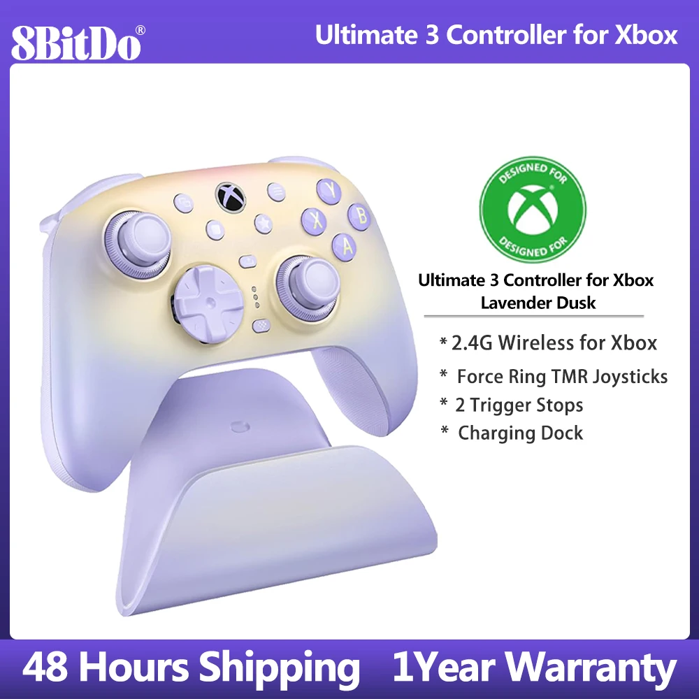 8Bitdo Ultimate 3 Wireless 2.4G Gamepad - Lavender Dusk，Game Controller with TMR Joysticks for Xbox Series X | Series S，PC Windo