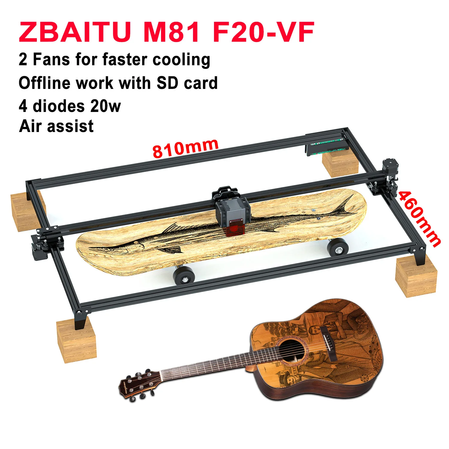 ZBAITU 81X46cm Laser Engraver, 2 In 1 Doide 100W Laser Wood Acrylic Metal Engraving Cutting Machine Printing with Offline/FAC