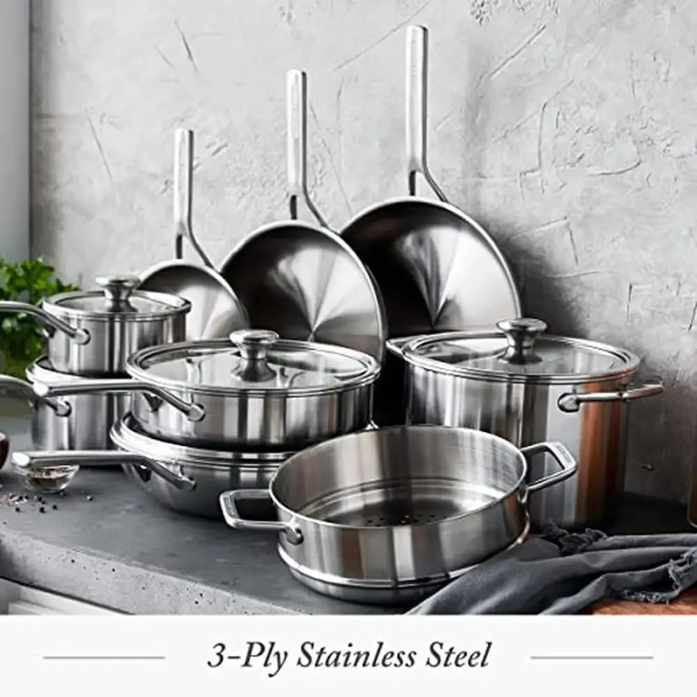 Professional Tri-Ply Stainless Steel 10 Piece Cookware Set Multi Clad Pots & Pans with Measurement Markings & Drip-Free Pouring