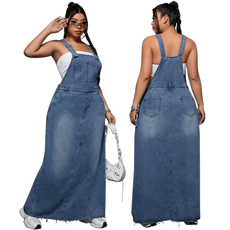 

Women Dresses Denim Pinafore Dress Oversize Solid Pocket Sleeveless Ankle Length Loose Slight Strech Casual Office 2026 Summer