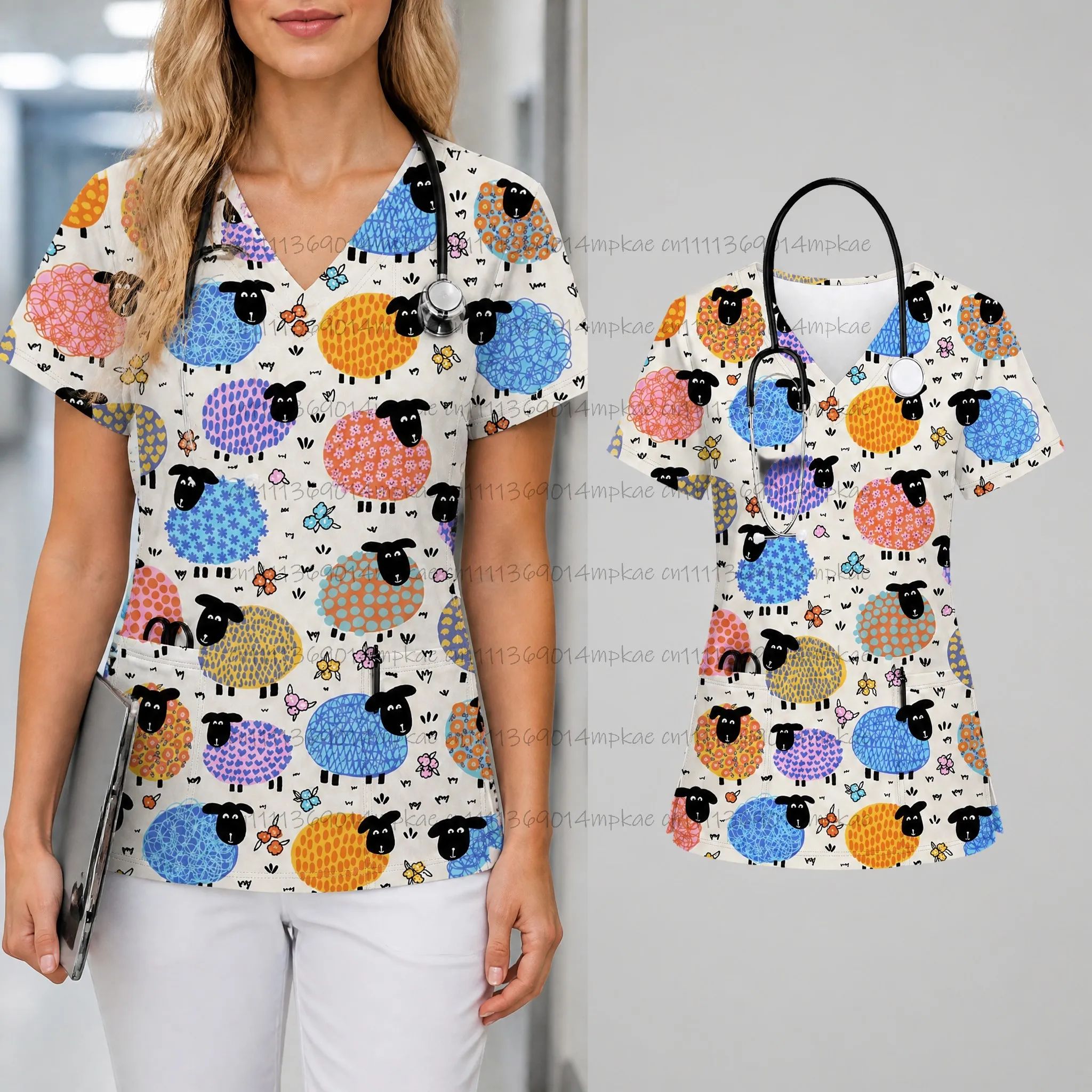 New Cartoon Sheep Surgical Gown for Women, Fashionable V-Neck Medical Short-Sleeve Medical Dress with Pockets, Women's Top
